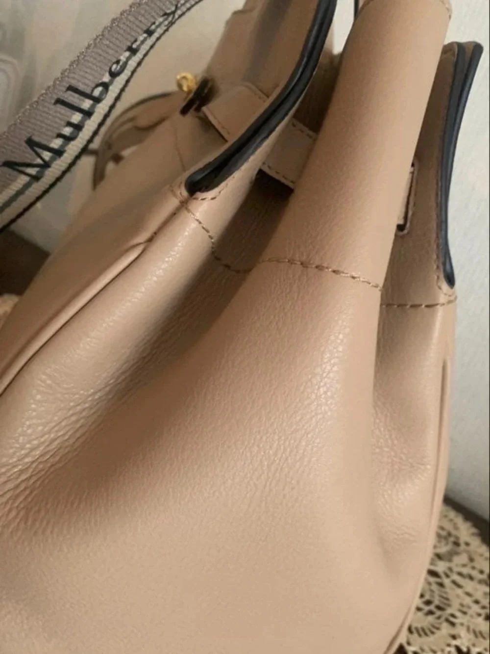Mulberry Beige Leather Top-Handle Satchel with Branded Strap